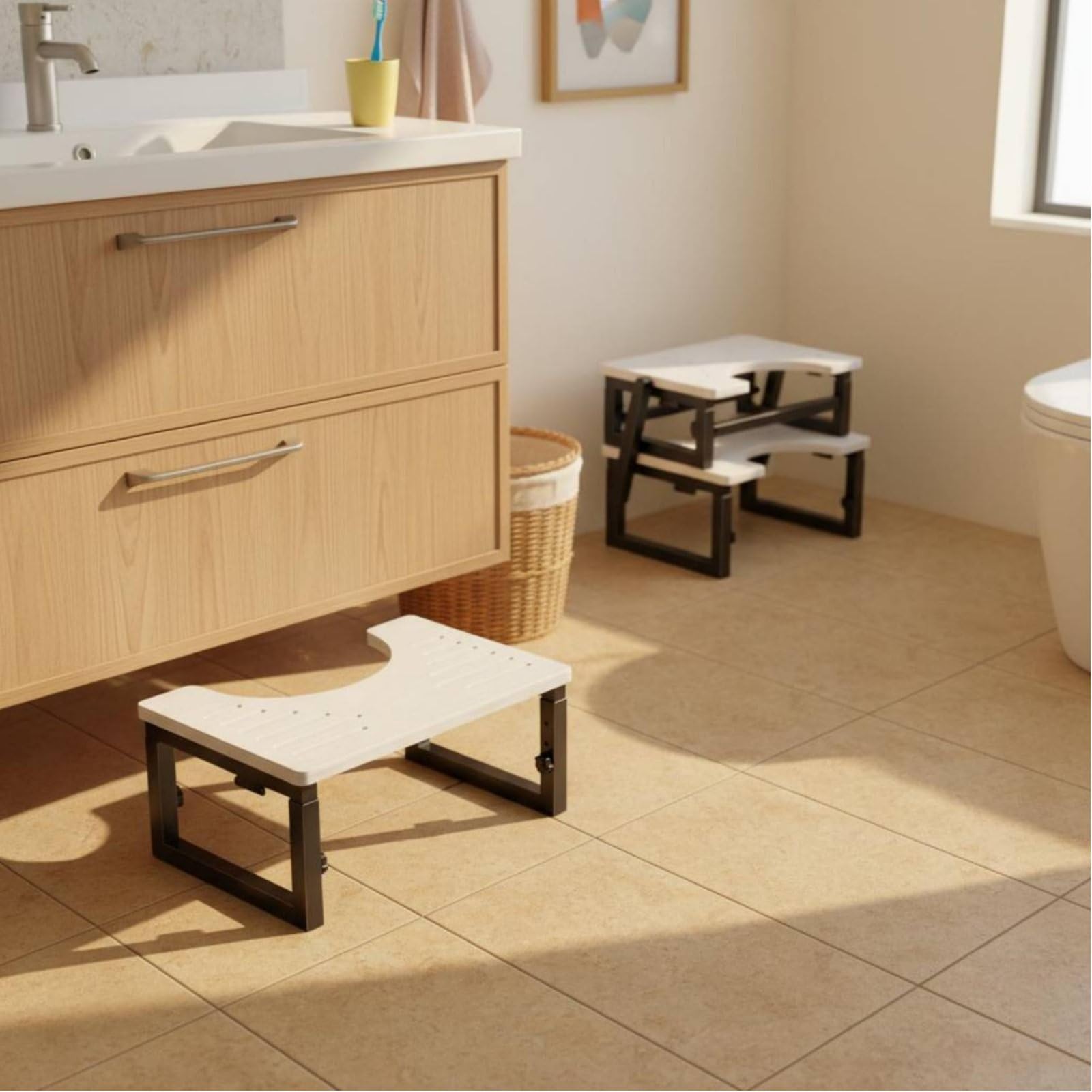 Sgabello Pieghevole per WC Sgabello da Toilette Poggiapiedi per Bagno Pedana Regolabile in Legno E Acciaio Chiusura Rapida Stoccaggio Ordinato Postura, Nero
