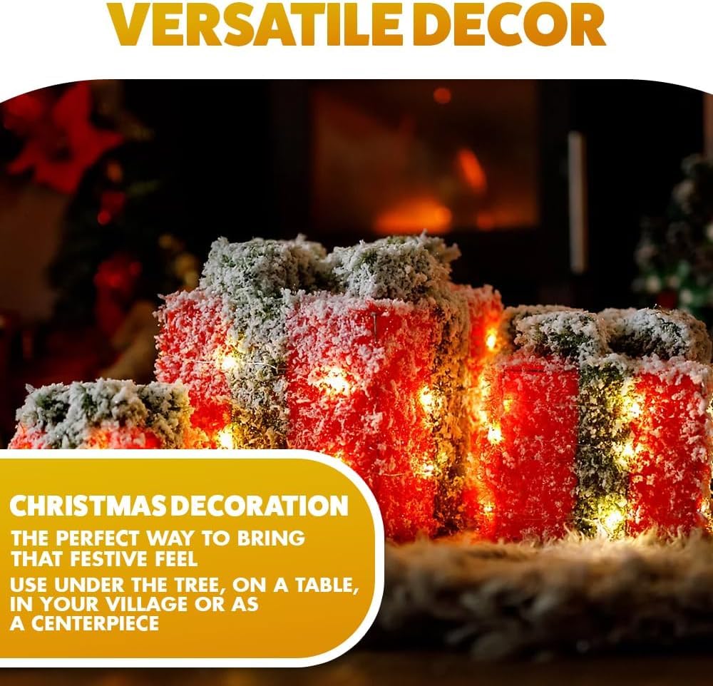 Marco Paul - Set di 3 scatole luminose a LED, decorazioni natalizie rosse a batteria, decorazioni natalizie pre-illuminate per tavolo, decorazioni per albero di Natale