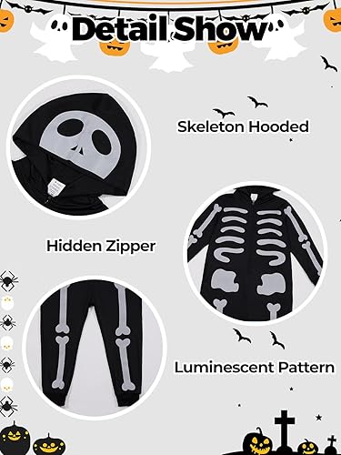 Miniatura 8 de ESHOO Disfraz de esqueleto negro de Halloween para niños y niñas, enterizo con capucha, trajes de cosplay de Halloween, 3t 4t, 5t, 6t, 7t, 8-12t