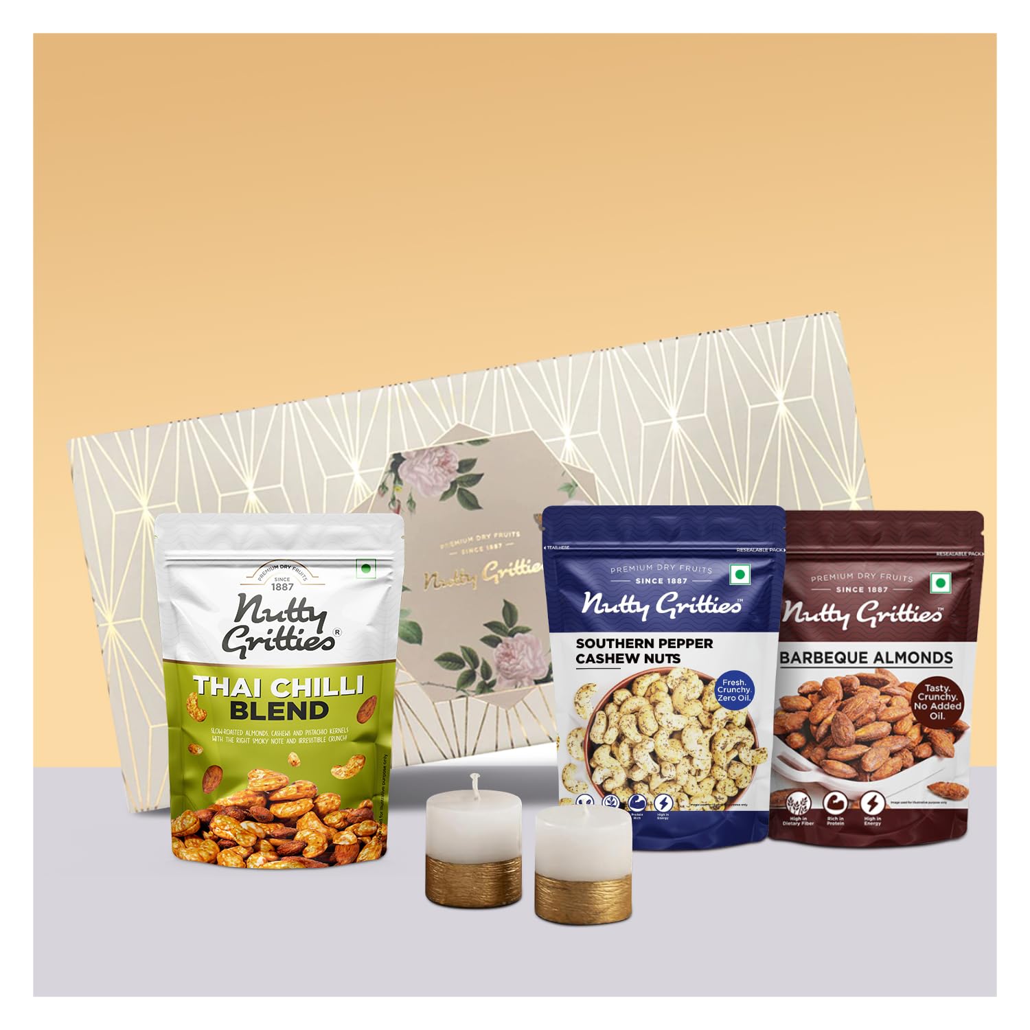 Nutty Gritties Platinum Hamper Premium Dry Fruits Gift Box - 600g | Candle Pack of 2 | Southern Pepper Cashews 200g | Barbeque Almonds 200g | Thai Chilli Blend 200g | Healthy Gourmet Snacks I Gift for Family| Friend | Corporate