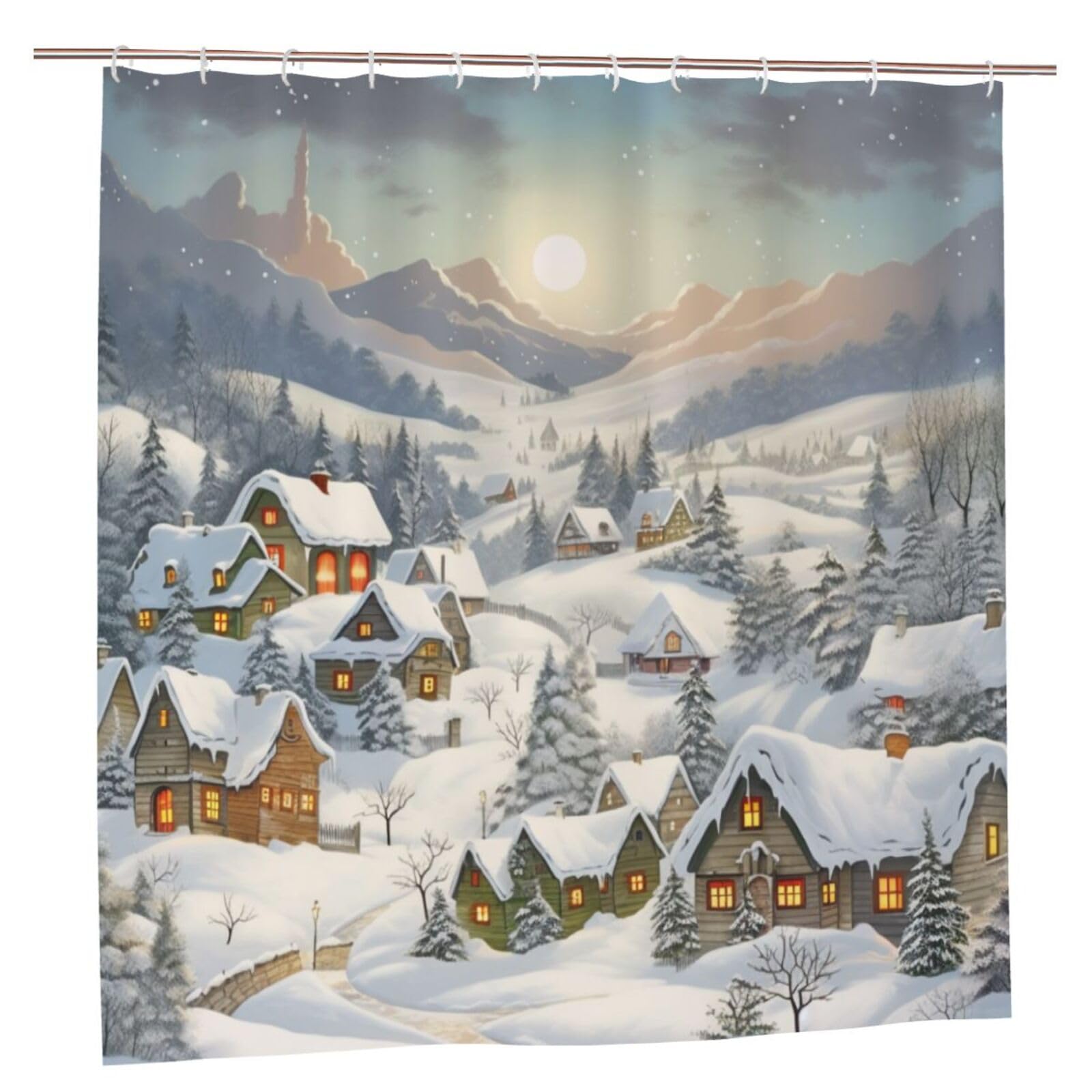 BWWHCCTI Snow Covered Village Town Printed Shower Curtain With 12 Plastic Hooks Opaque Quick Drying Waterproof Shower Curtains Sets For Bathroom 183x183 CM