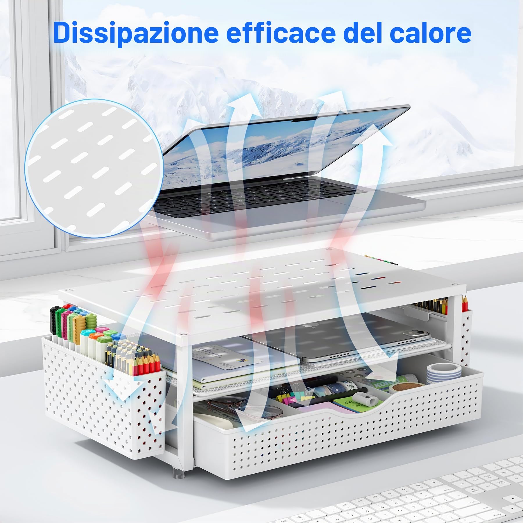 Gianotter Supporto per Monitor 2 Livelli con Cassetto e Portapenne, Organizer da Scrivania Bianco