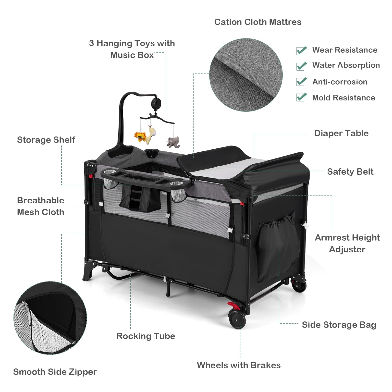 LIFEZEAL Cuna Cama para Bebé con Colchón, Cama Plegable para Bebé con Cambiador y Juguetes, Cuna de Viaje de Tejido Oxford con 2 Niveles, Altura Ajustable (Negro.)