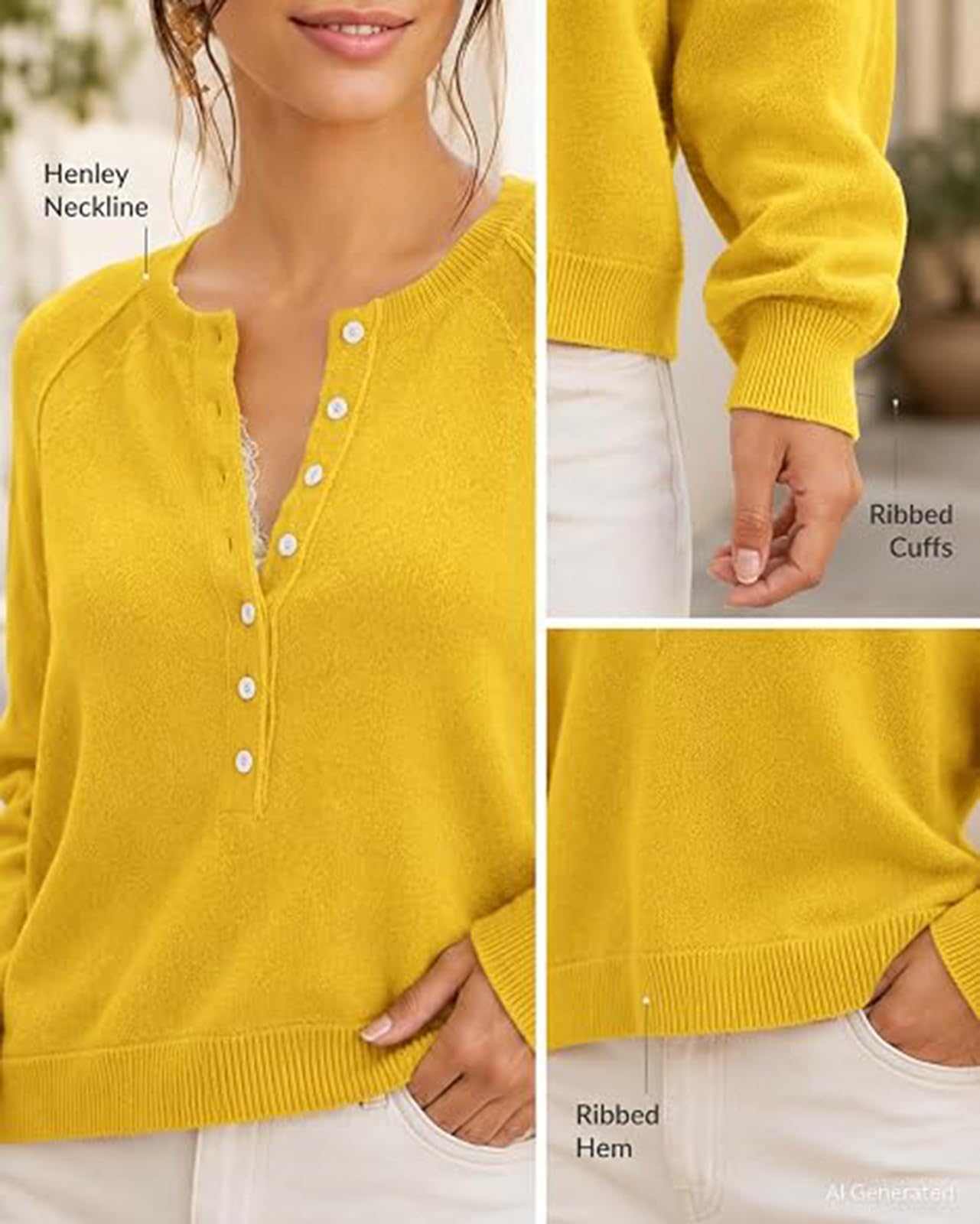 Generisch Damski sweter z zapięciem na guziki i dekoltem Henley