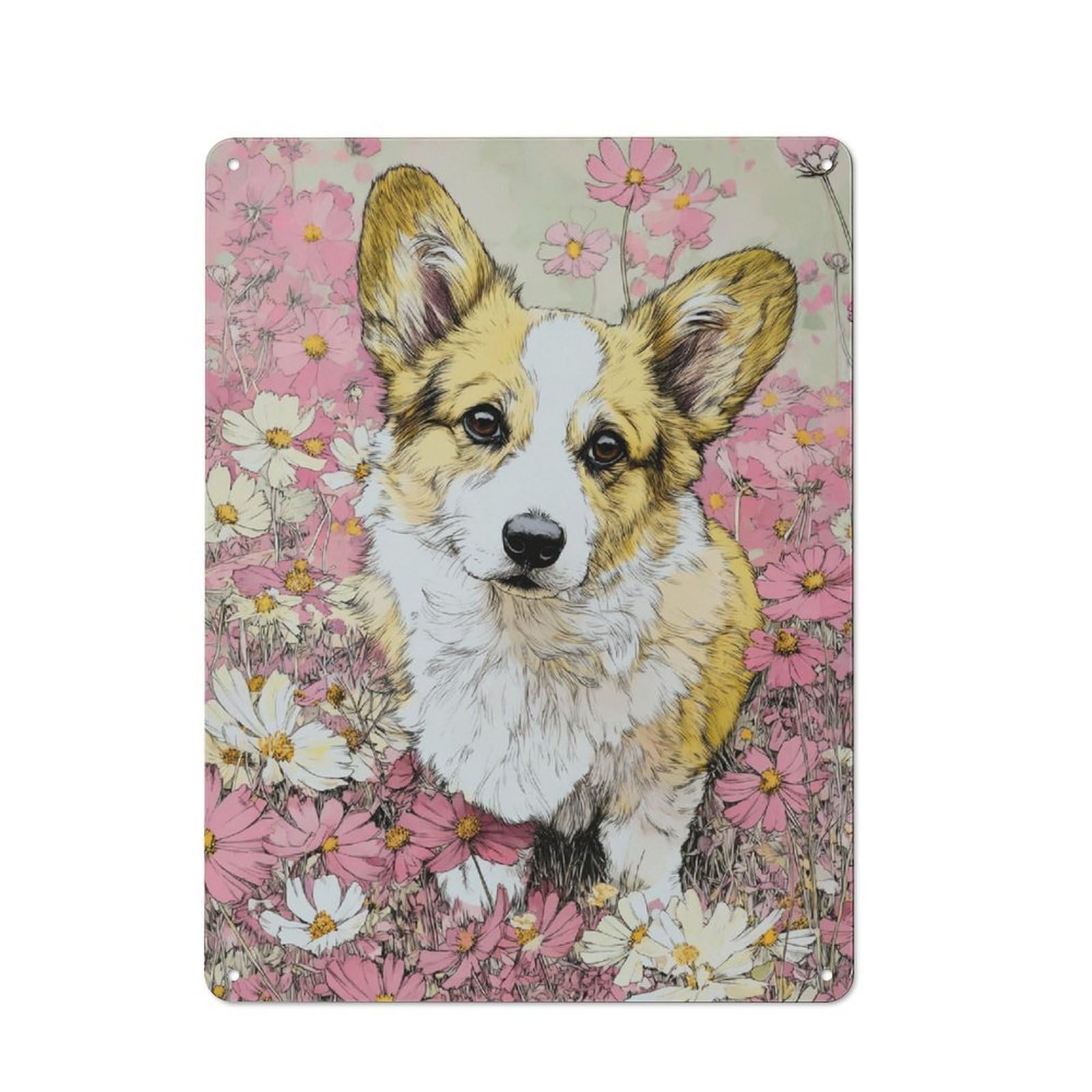 Junmoney Floral Field With Corgi Modern Vintage Metal Desk Wall Sign 40X30cm, Office Wall Decor For Office, Study, Studio Or Hallway