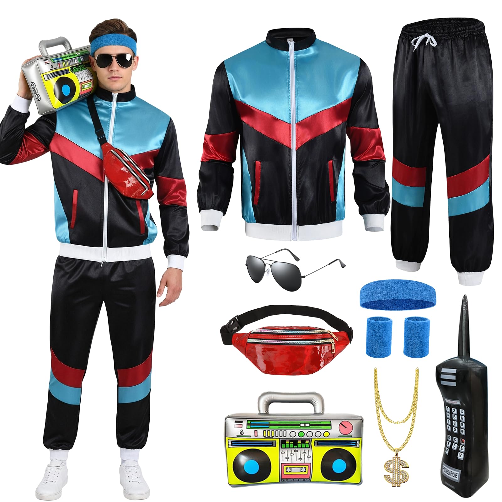 Xerteam 80s 90s Fancy Dress Men with Accessories, Retro 80s 90s Hip Hop Outfit for Adults, 80s Fancy Dress Set with 1 Sportswear Shirt Pant Hat Necklace Balloon Glasses (Black blue, XL)