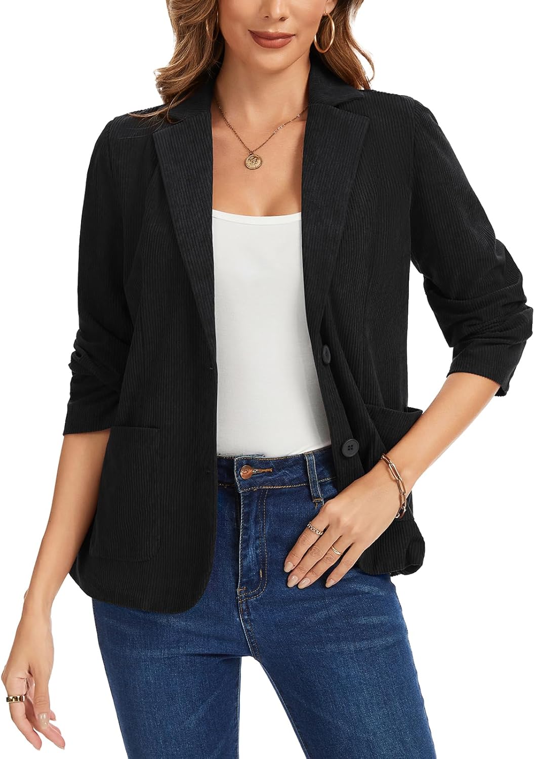 Women's Corduroy Blazers Casual Long Sleeve Notch Lapel Work 2-Button Open Front Blazer Jackets Pockets - Image 6