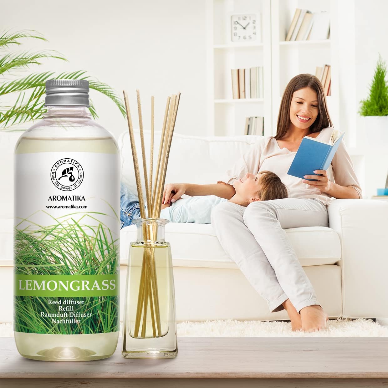 Lemongrass Diffuser Refill 34 Fl Oz (2x17 Fl Oz) - Fresh & Long Lasting Fragrance - Refill with Natural Essential Lemongrass Oil - for Aromatherapy - Spa - Home