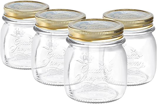 Bormioli Rocco 4x Clear 250ml Quattro Stagioni Glass Preserving Jars - Airtight Screw Lids Storage Canning Mason Jam Preserve Container Set