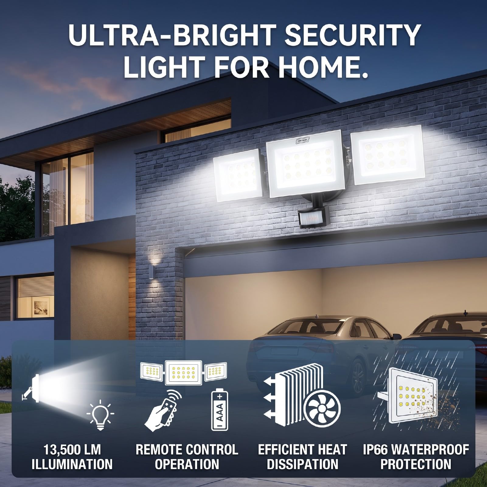 Fafeicy Światło Przeciwpowodziowe LED o Mocy 150 W 13500 Lm 3 Głowice