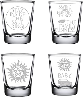 SPN Supernatural Shot Glass Set of Four: Supernatural Gifts Set Saving People Hunting Things, Stay Inside The Salt Ring, Dean's Baby, Anti-Possession Shot Glasses for Supernatural Fan, ENGRAVED 1.5oz.