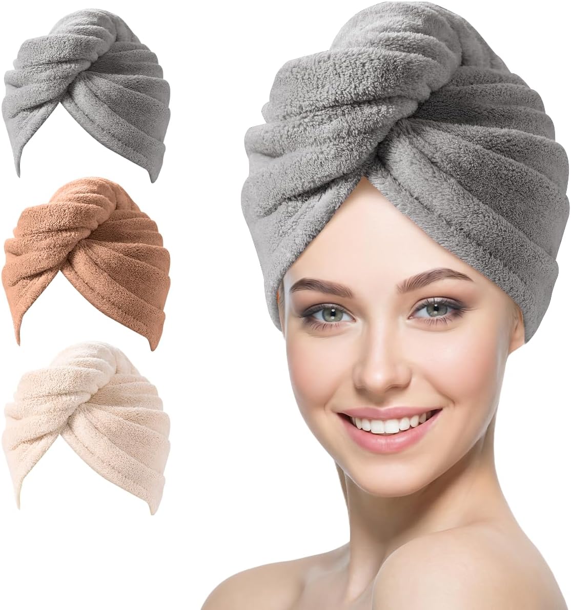 YFONG Microfiber Hair Towel 3 Pack, Hair Towel with Button, Super Absorbent Hair Towel Wrap for Curly Hair, Fast Drying Hair Wraps for Women, Anti Frizz Microfiber Towel, Gray & Camel & Brown
