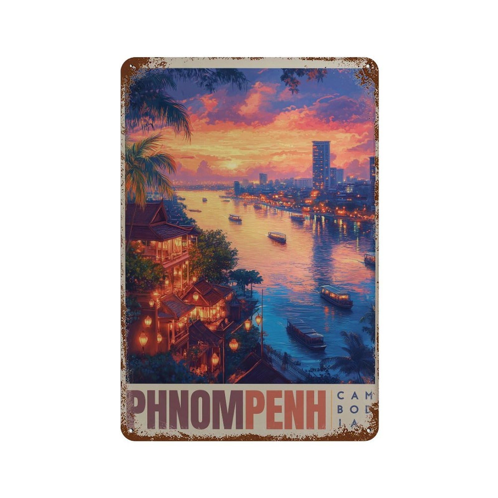 xiaoxiaoshen Phnom Penh Sunset Lanterns And River Scene Wall Decor Art Metal Tin Poster Modern Home Decor Art Home Bar Shop Decorations Vintage Sign 30x20cm