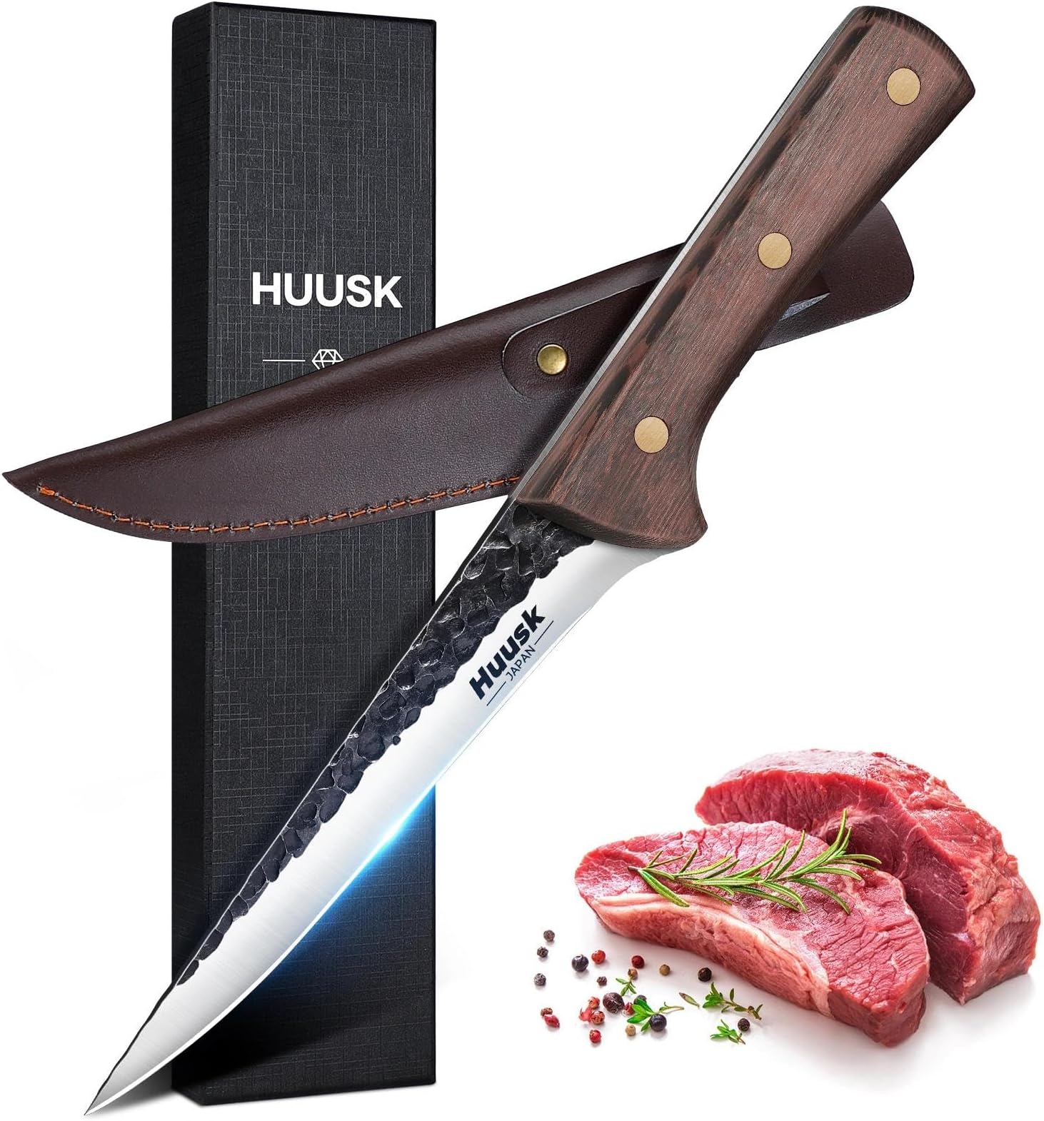 Huusk Boning Knife for Meat Cutting 5.5 Inch, Japanese Trimming Knife with Sheath, Sharp Fish Fillet Knives, Outdoor Hunting Knives, Gift for Men and Women