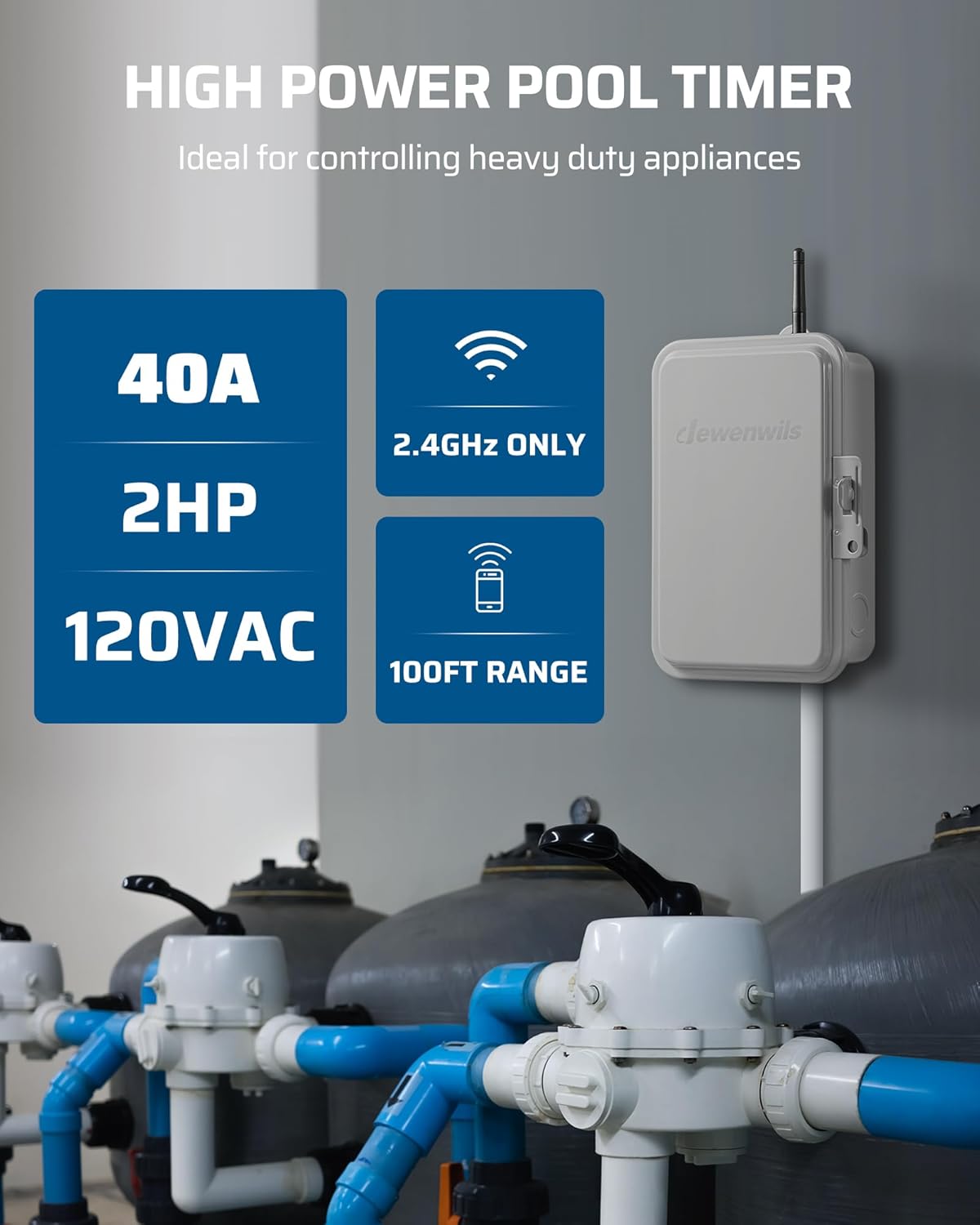 DEWENWILS PTW01 showing 40A, 2HP, 120VAC, 2.4GHz WiFi only, and 100ft range