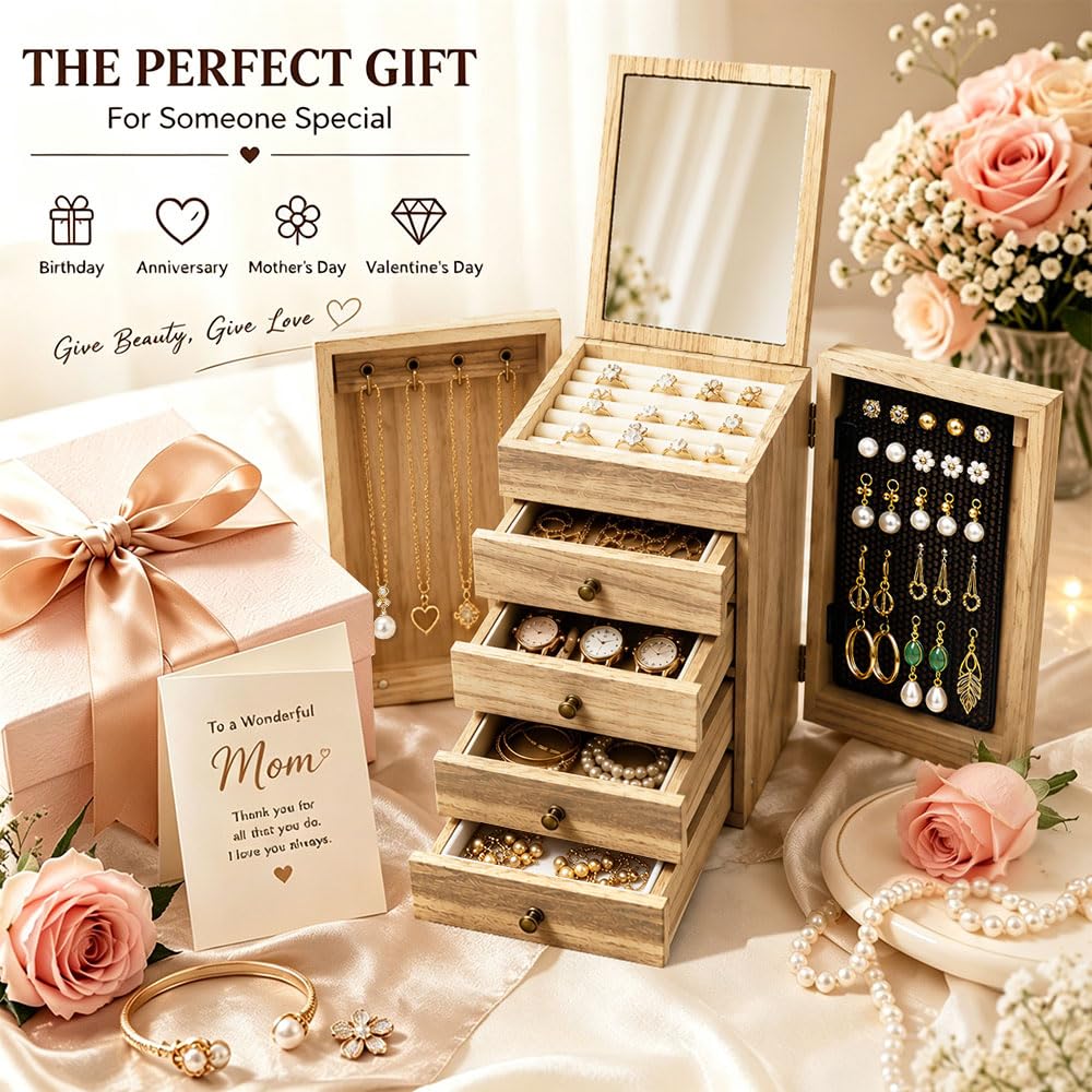 5 Niveles Joyero Madera Grande de con 4 Cajones, Espejo | para Pendientes Pulseras Anillos Collares,Organizador Joyas Rústica con 4Cajones,Organizador Caja Grande,Joyeros Organizador
