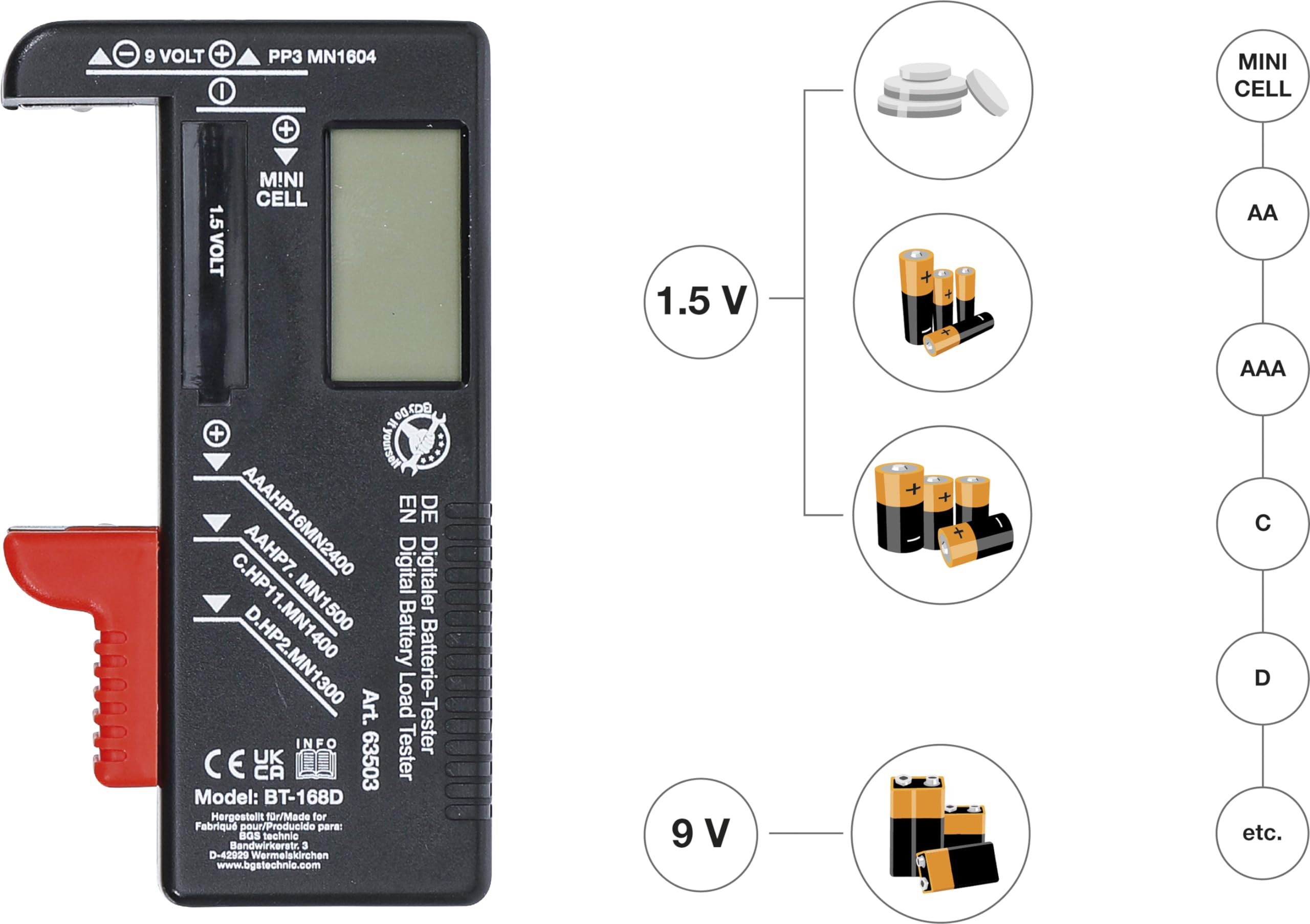BGS Diy 63503 | Cyfrowy tester akumulatora | 1,5 V / 9 V