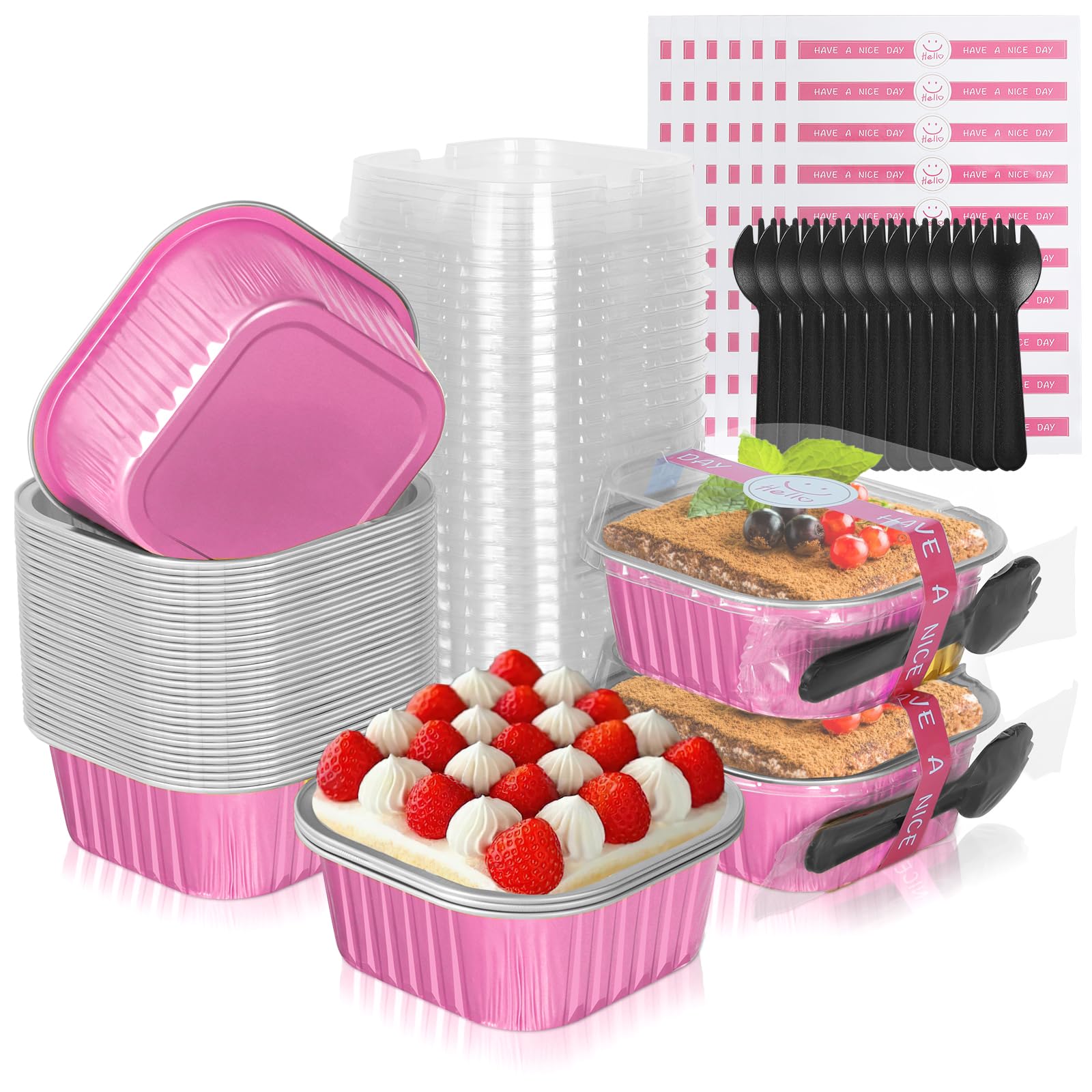 Moldes para brownie de aluminio de 10 onzas con tapas, paquete de 40 moldes cuadrados para pasteles, recipientes desechables para cupcakes, mini moldes para hornear pasteles, soporte grande