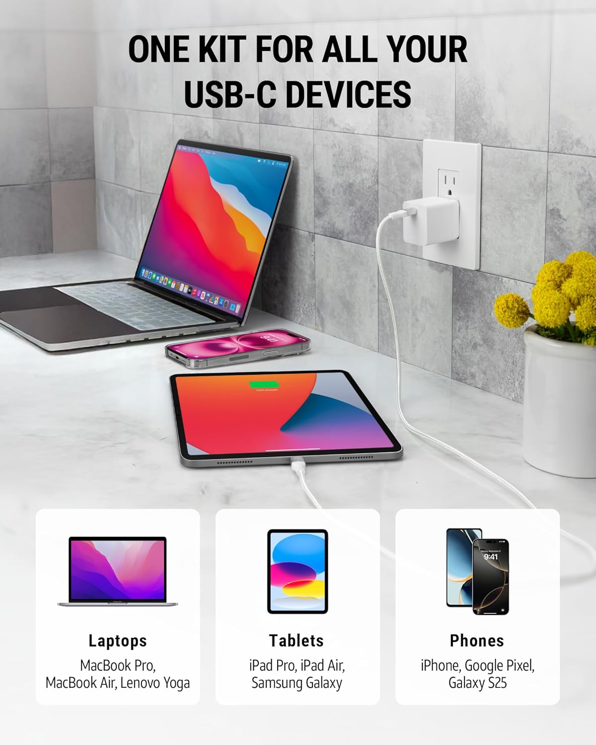 Scosche PowerFlux 45W USB-C Wall Charger Block with 8ft USB-C Fast Charging Cable, Foldable Plug, Super Fast Charge 2.0 Compatible with Samsung Galaxy S25/S24, iPhone 17/16 & More Android Devices