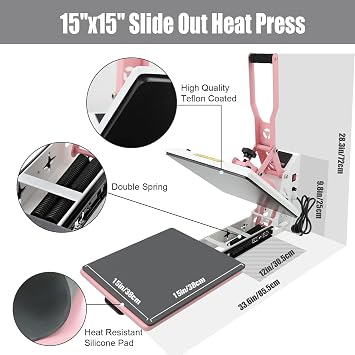 BetterSub Heat Press 15x15 inch Digital Heat Press Machine, Slide Out Industrial Quality T-Shirt Heat Transfer Machine Pink