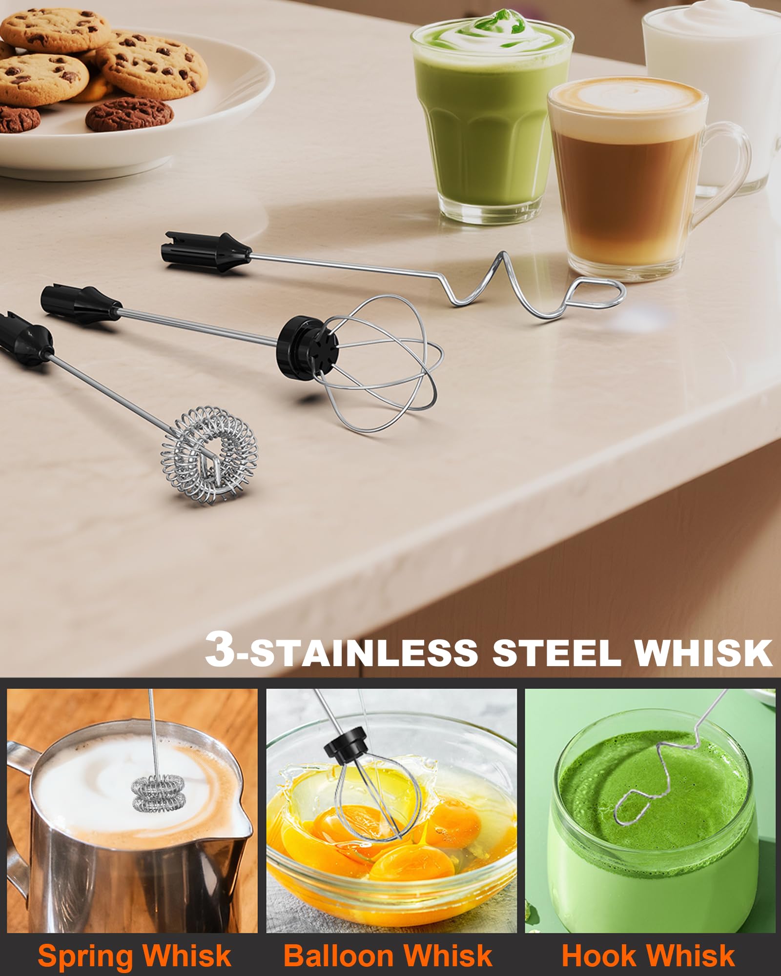 Mousseur à lait rechargeable avec boîte, mousseur à café portable à 3 vitesses avec 3 fouets, baguette mousseuse électrique pour café, latte, cappuccino, chocolat chaud, matcha et œuf, noir
