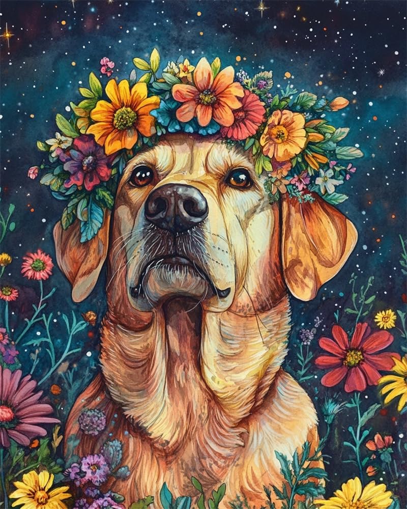 Henypt Stamped Cross Stitch Kits - Dog Wearing A Floral-Wreath Hat Colorful Printed Easy Pattern Needlepoint Kits Embroidery Crafts for Adults Beginners Gift