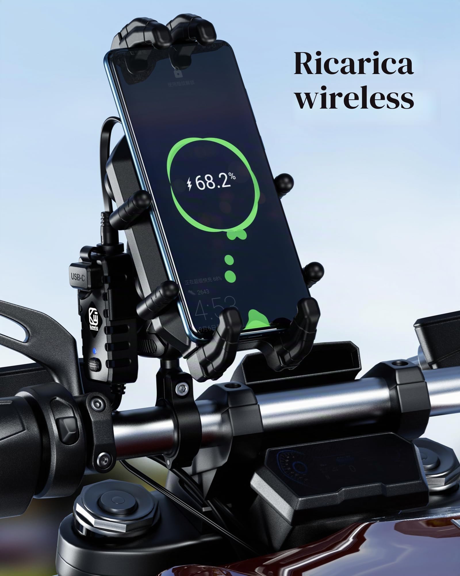 BRCOVAN Supporto per telefono da moto con caricabatterie wireless Qi e USB-C | Qi 15 W e PD 30 W, supporto antifurto per cellulare da manubrio con antivibrazioni, regolabile per smartphone da 5,4 a 7,2 ''