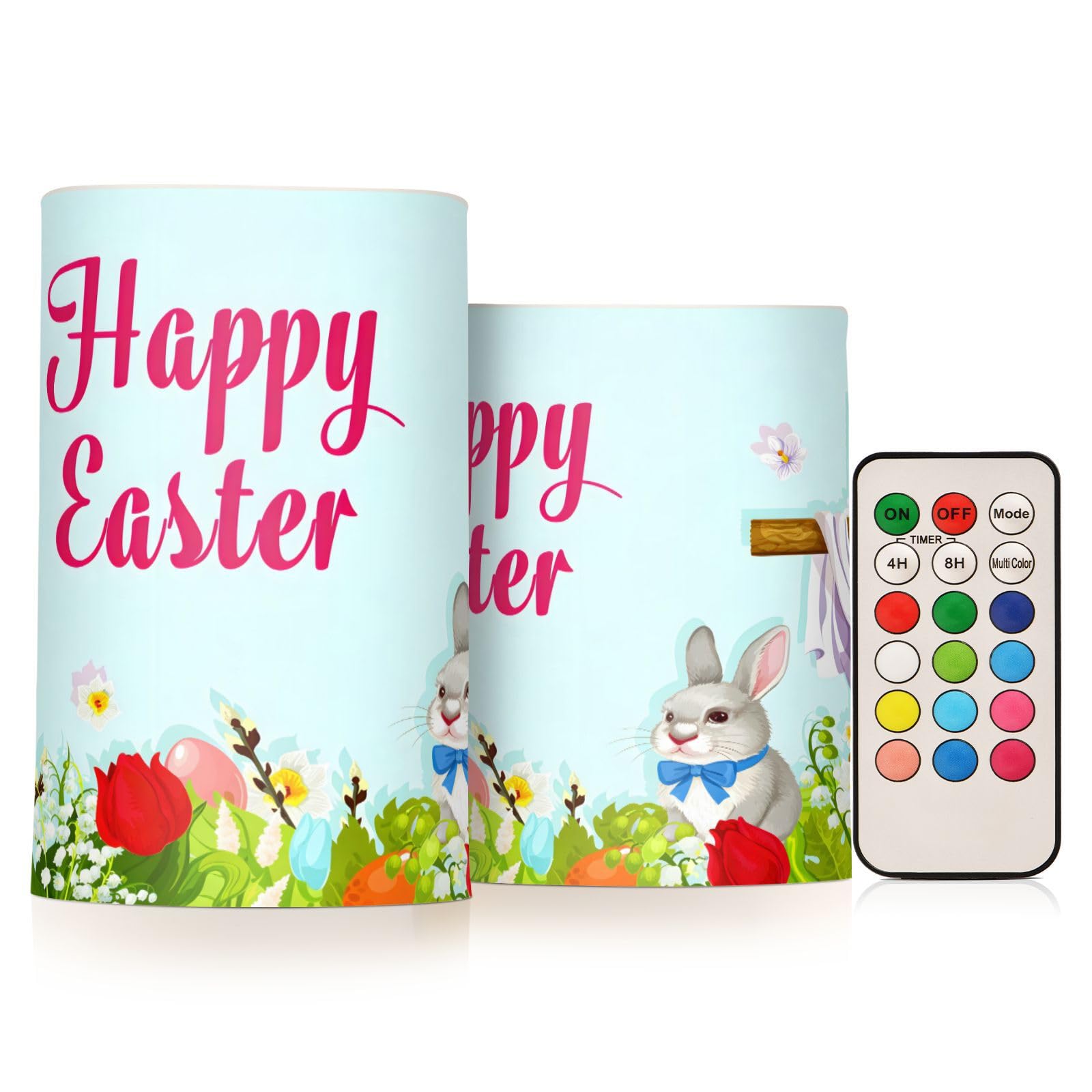 ALAZA Easter Egg Hunt Rabbit Greeting Flickering Flameless Candles Battery Operated with Remote Timer,Tea Light Candles LED Pillar Votive Candles Set of 2 for Outdoor Indoor Decorations