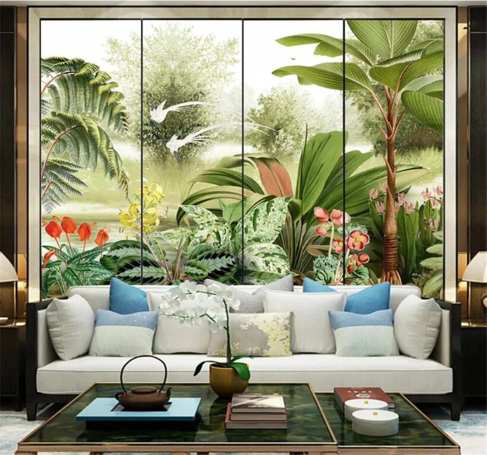Tzxztt Fresh Tropical Hand Drawn Green Jungle Modern 3D Wallpaper Premium Textured Silk Neutral Tones Material Ideal for Living Room Bedroom-350cm×256cm