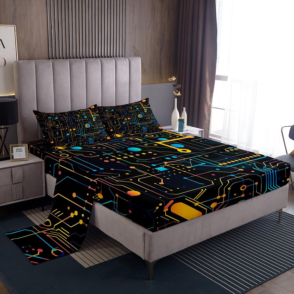 Erosebridal Queen Size Circuit Board Bed Sheets Science and Technology Sheet Set for Kids Boys Room Decor Print