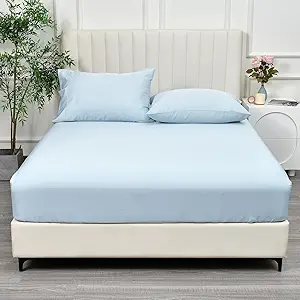 PHF 100% Rayon Derived from Bamboo Fitted Sheet Twin Size, 16" Deep Pocket,2.5cm Wider Strong Elastic Easy Fit, Breathable Silky Soft Skin-Friendly for Hot Sleeper, 39"x 75",Sky Blue, No Pillowcase