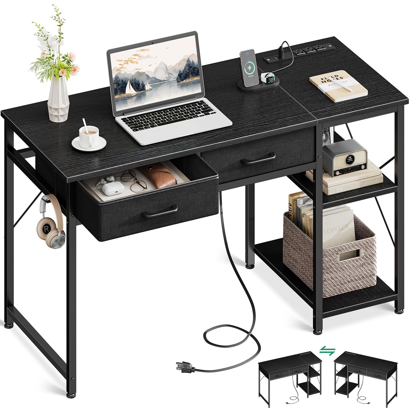 Coleshome Laptop Desk, 40 Inch Small Desk with Drawers & Power Outlet for Bedroom, Computer Desk Home Office Desk with Storage Shelves, Reversible Study Table Writing Desk for Small Spaces, Black