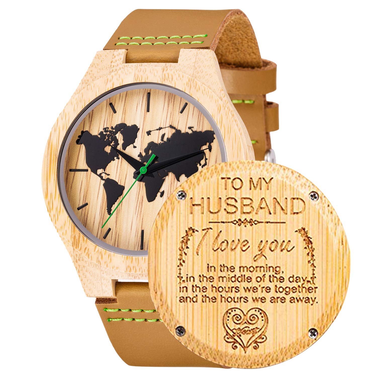 to My Husband I Love You Engraved Watches for Men,Natural Custom Personalized Leather Strap Bamboo Wooden Groomsmen Watch for Husband