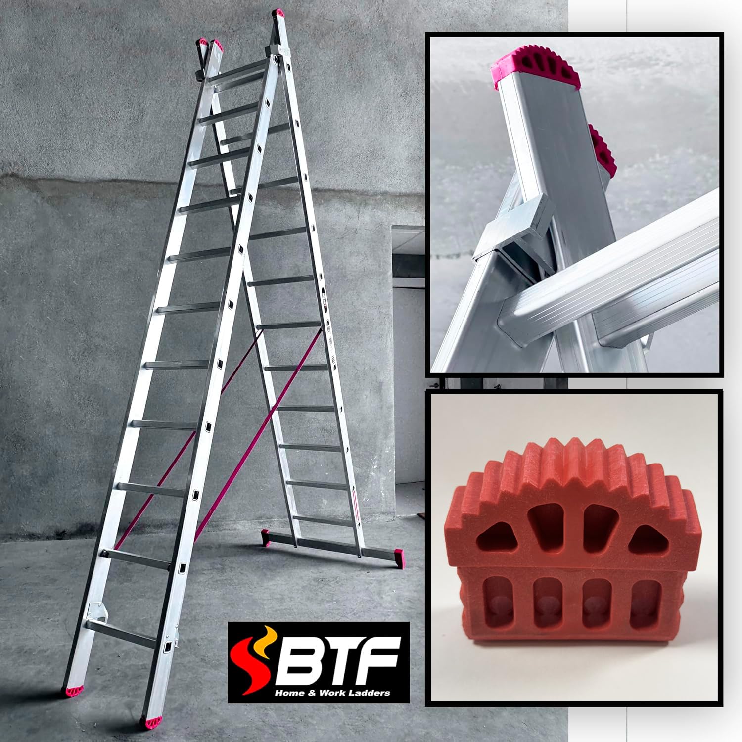 BTF | Juego de 4 Conteras para Escaleras Industriales Profesinoales 1, 2 o 3 Tramos Combinada y/o Extensible | Pies de Goma de Escaleras Perfil de Montante 80x25mm.