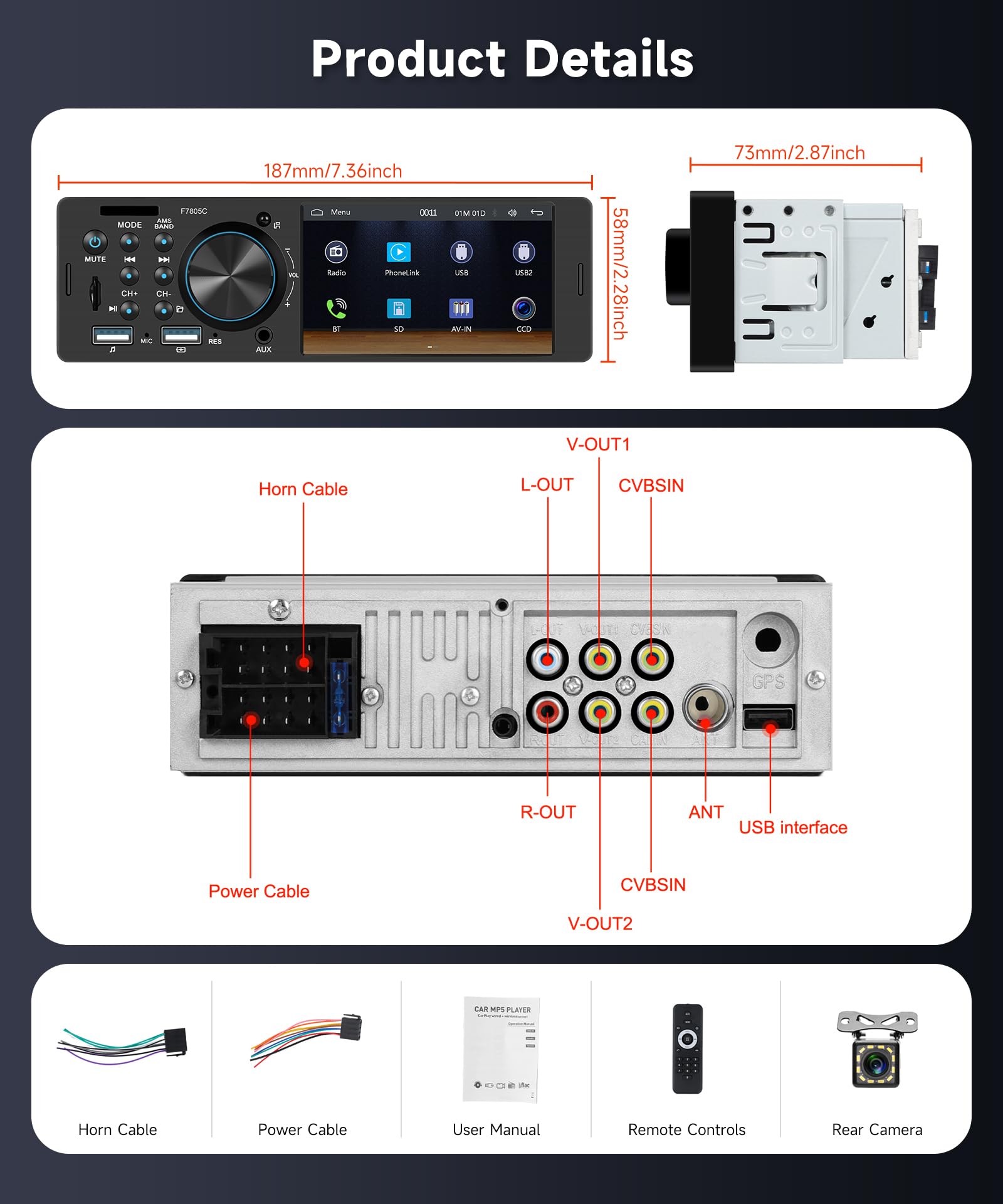 Hodozzy 1 Din Autoradio mit 4 Zoll Bildschirm mit Carplay Android Auto,Unterstützt Bluetooth 5.2, FM-Radio, Schnellladung, USB/TF/AUX Mirror link EQ SWC, Rückfahrkamera