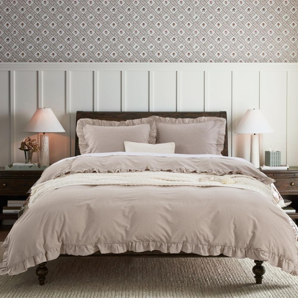 DAUAOTO Queen Size Ruffle Duvet Cover Set, 100% Cotton, Kids Teen Girls Duvet Cover 90