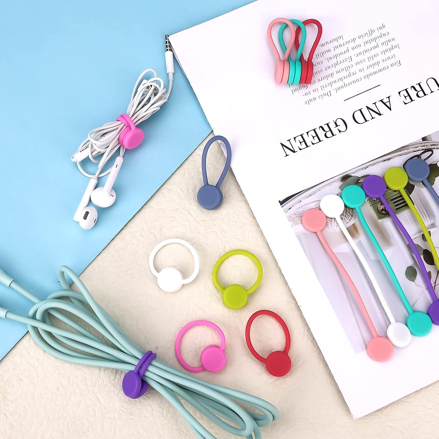 16pcs Magnetic Cable Ties, Cord Ties Silicone Cable Ties Reusable Cord Organizers Cable Straps for Cords Charging Earphone Travel Appliance Electrical Cords Desk (8 Colors)