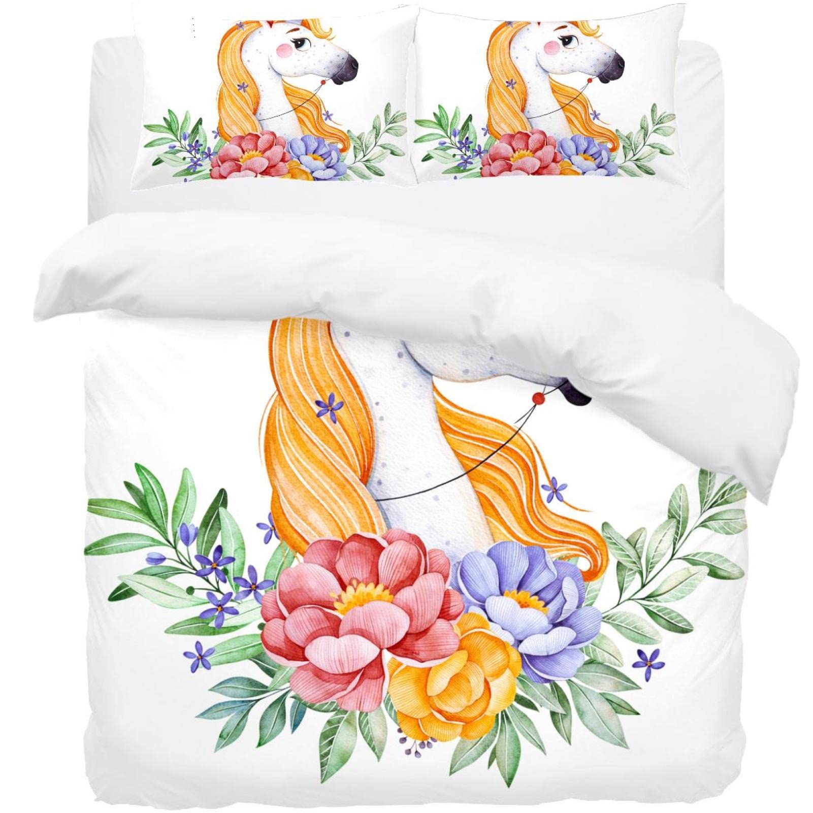Housse de couette licorne blanc linge de lit enfant avec 2 taies d'oreiller