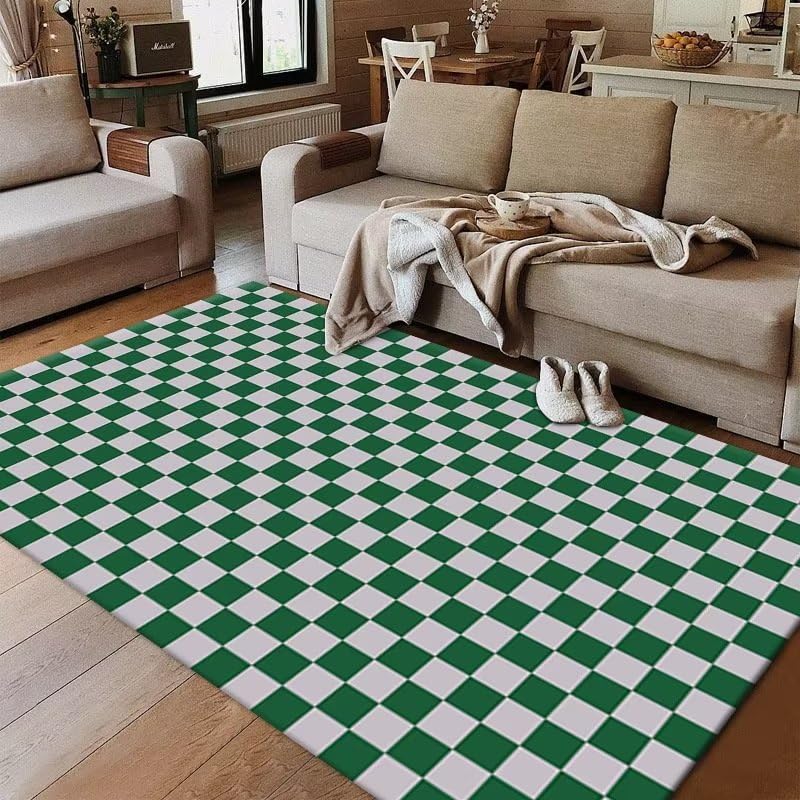 Tapis salle à manger vert foncé 200x300 anti-acarien style tartan chaleureux