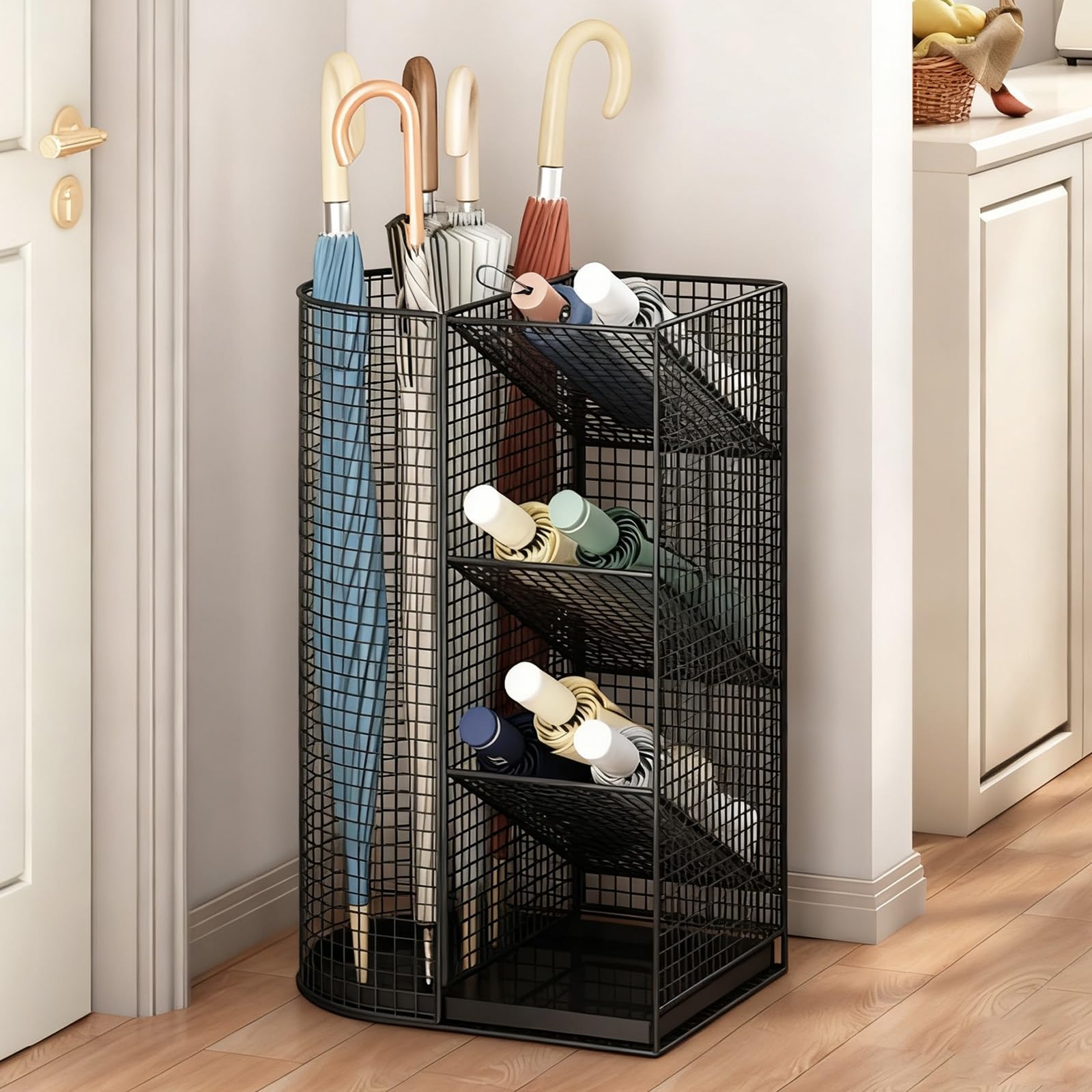 Porte-parapluie design autonome en métal avec étagère de rangement intégrée