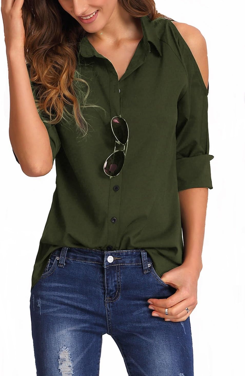 Women's V Cut Open Shoulder Blouse Solid Black/Olive Green/Wine Shirt