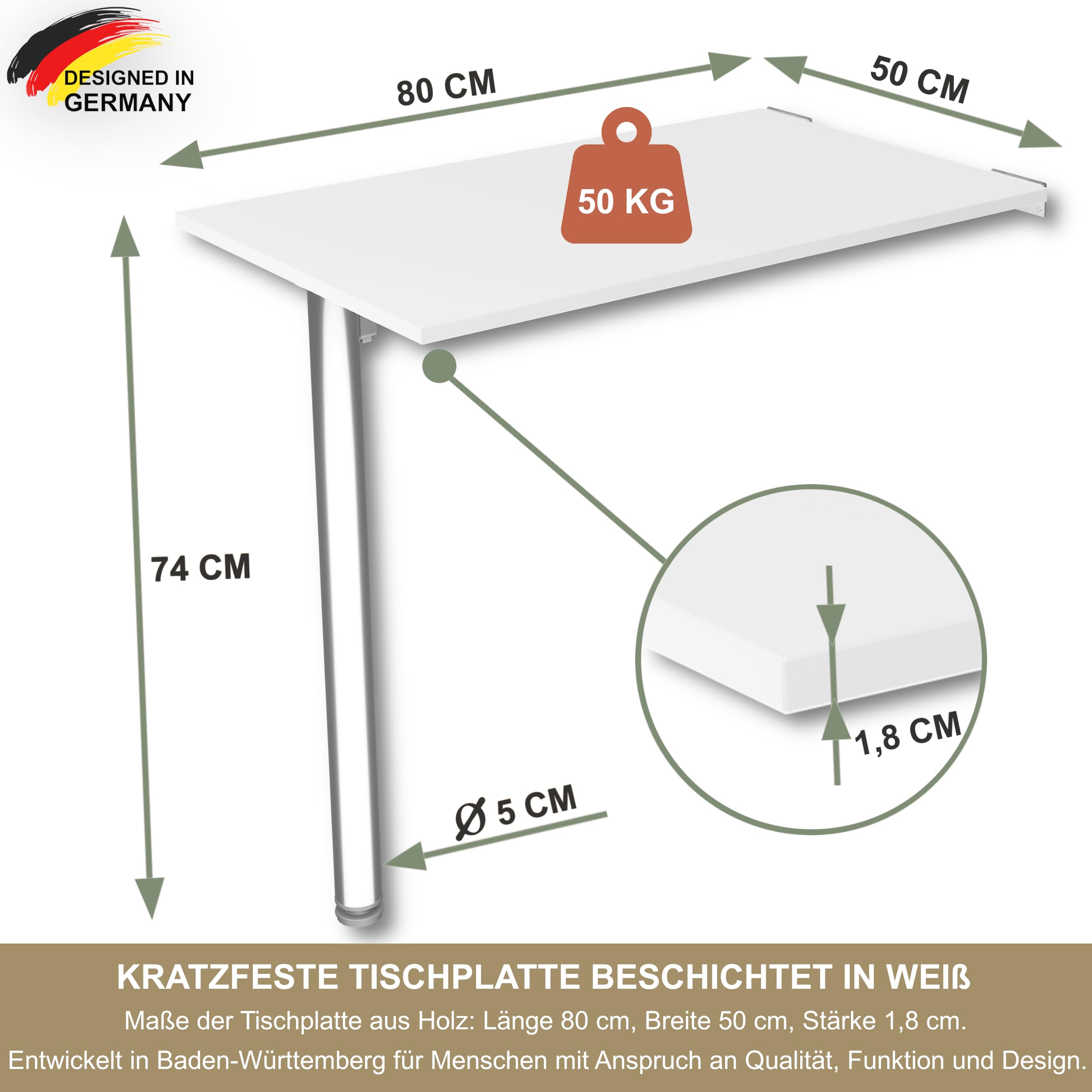 KDR Wandklapptisch 80x50 cm Weiß – Klapptisch mit Tischbein in Chrom zur Wandmontage – als Esstisch, Schreibtisch oder Küchentisch – Höhe 74 cm