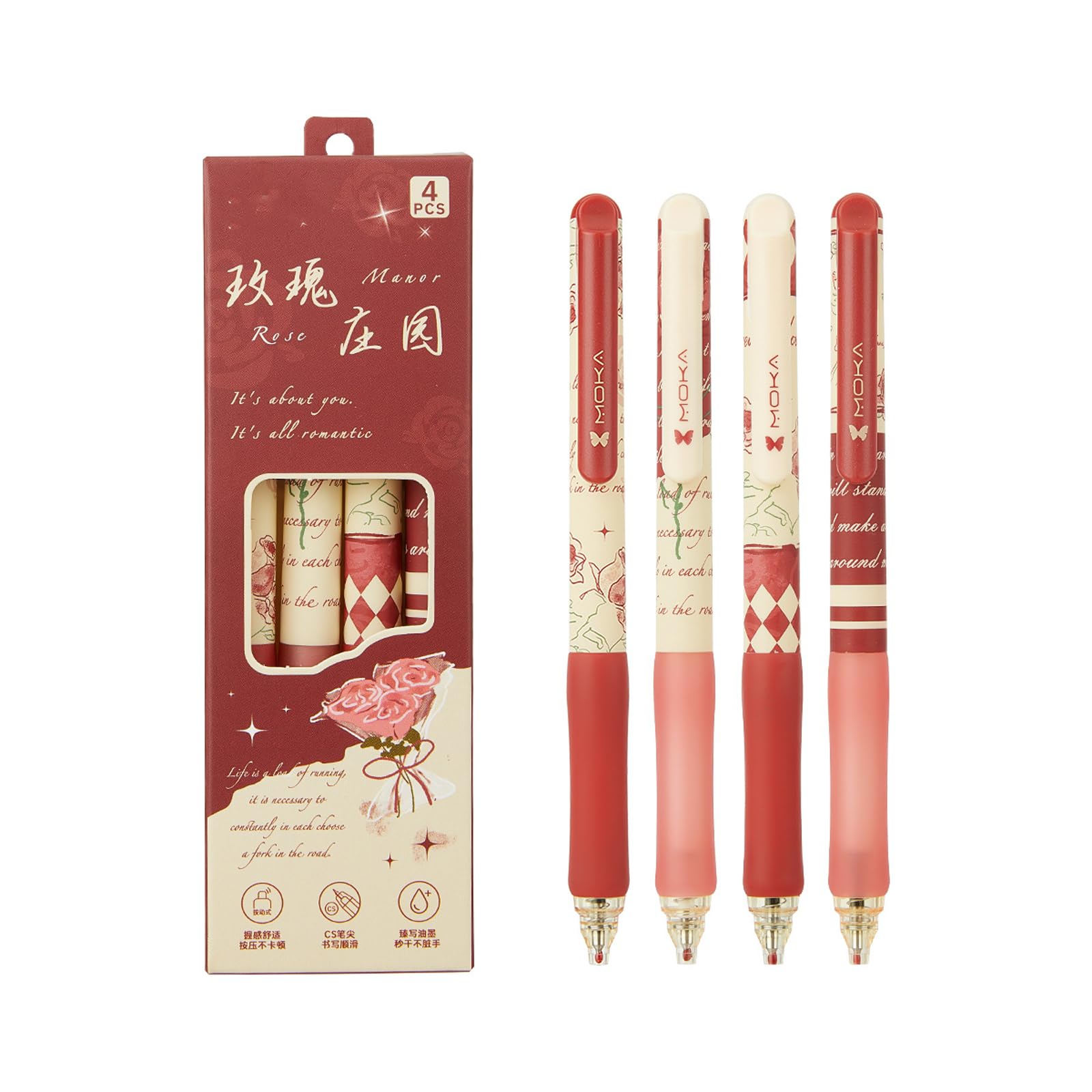 T-shin Rollerball Press Pens 4Pack,Rose Flower Theme Gel Black Ink Pens Set,Retractable Creative Studen Rolling Ball Pen, School Office Supplies Gift,