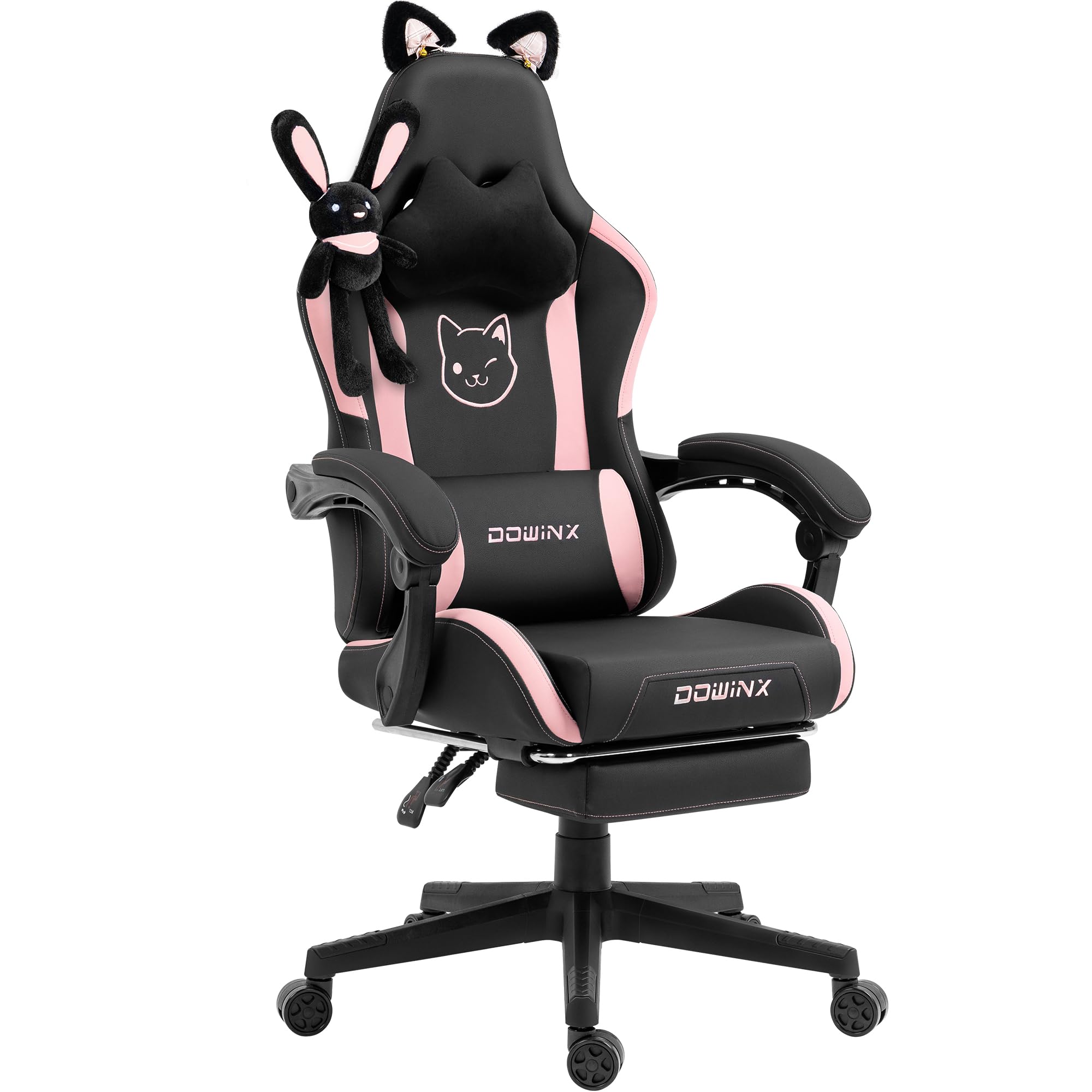 Dowinx Gaming Stuhl - Süße Katze Edition - Ergonomischer Computerstuhl mit Hoher Rückenlehne und Lendenwirbelstütze, PU-Leder, Fußstütze, Schwarz