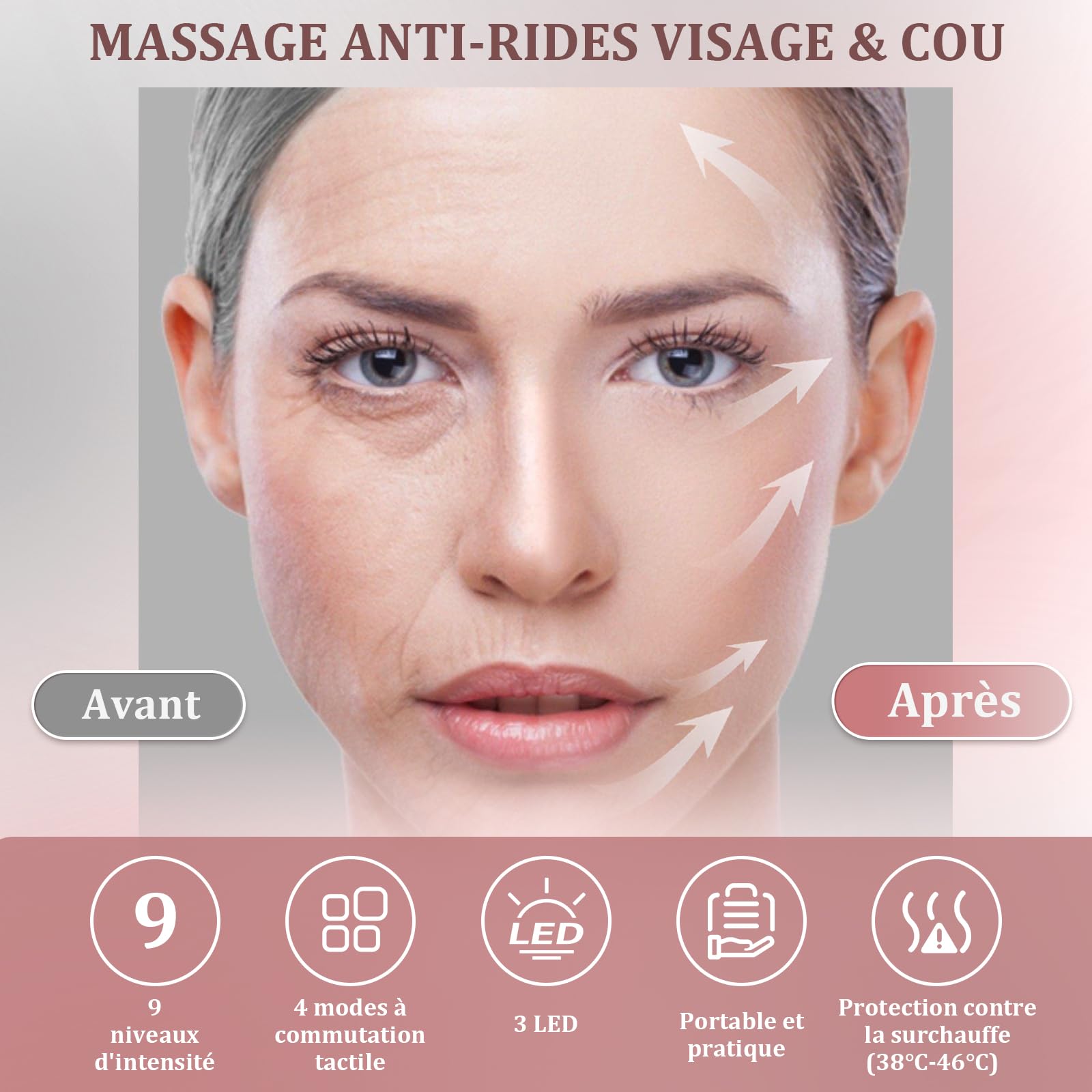 Appareil Anti Rides Massage Visage: Masseur Lifting Visage avec 9 Niveaux de Réglage et 4 Modes - Gua Sha Électrique EMS Massage Thermique à 45℃ - Appareil de Beauté Double Menton avec 3 LED Couleurs