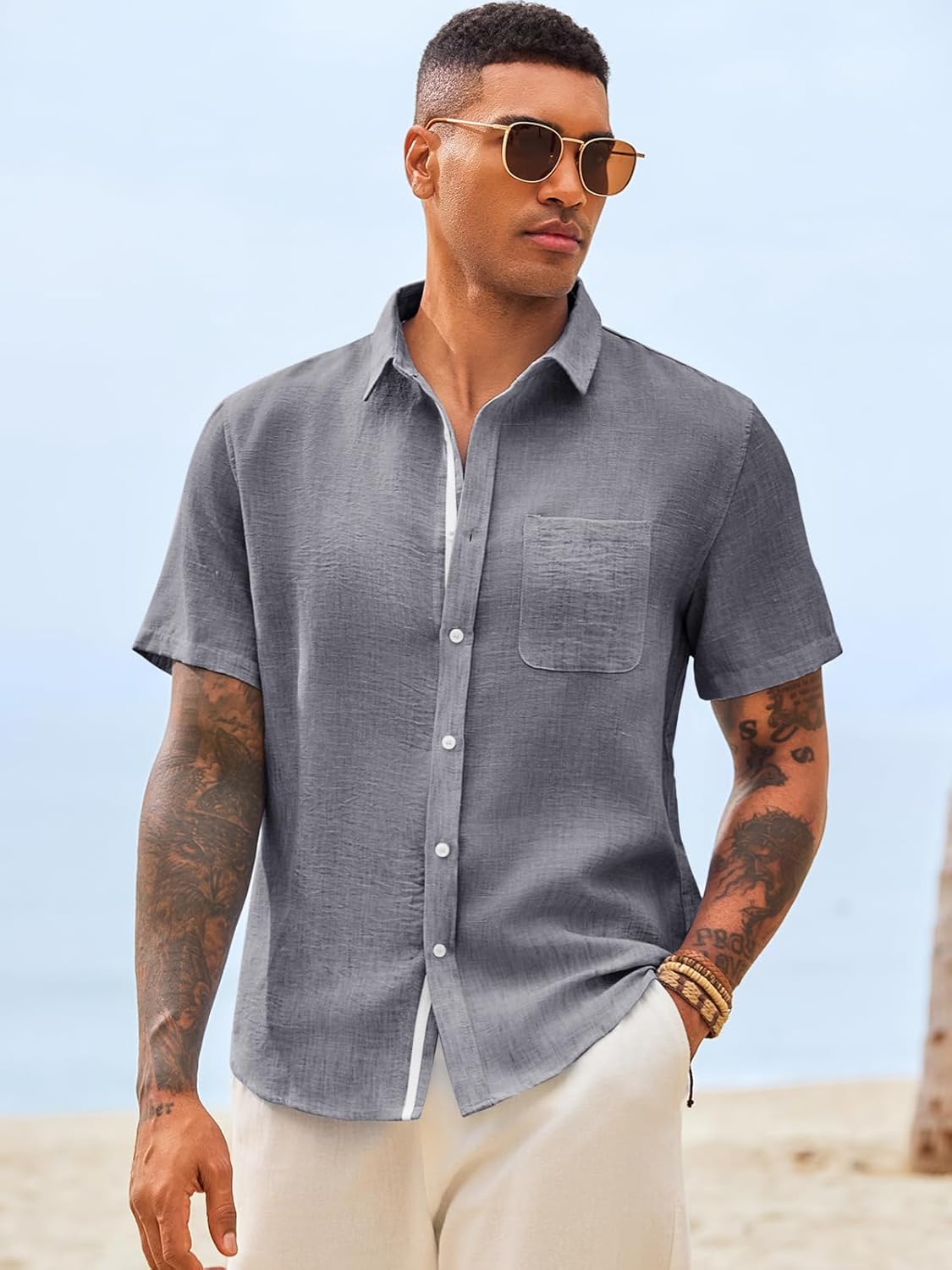 Runcati Mens Linen Button Down Shirts Casual Short Sleeve Shirt Summer Beach Wedding Tops with Pocket - Image 4
