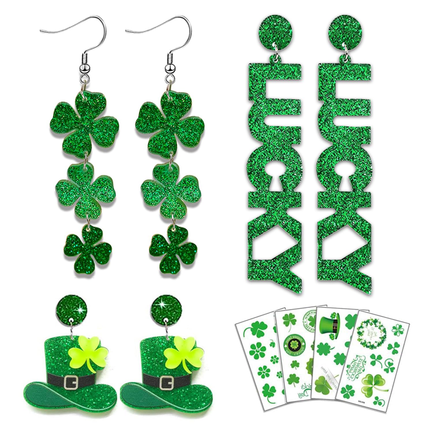 St Patricks Day Earrings Tattoos for Women 3 Pairs Irish Earrings Shamrock Temporary Tattoos for Irish Festival Party