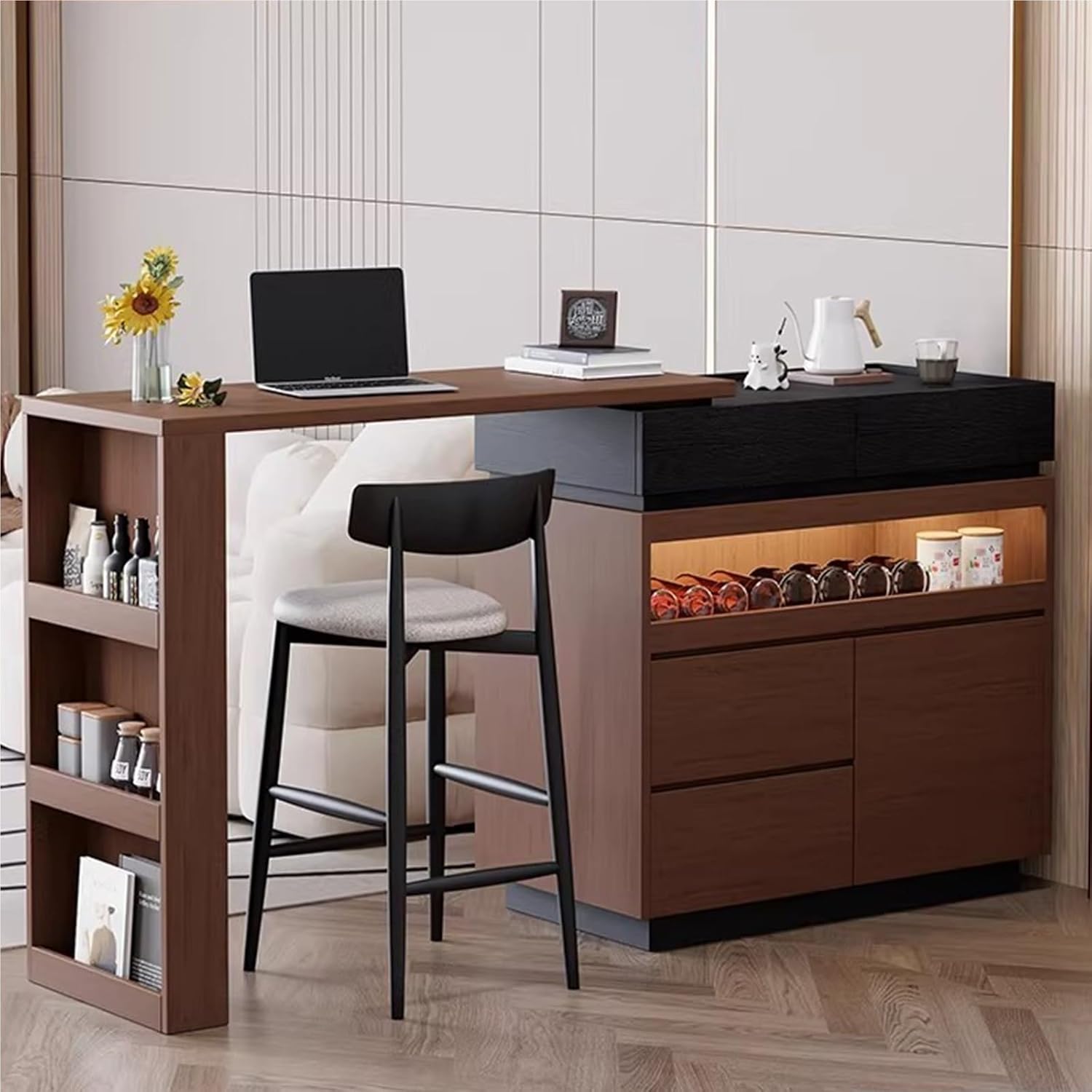 Storage Trolley Extendable Rotatable Bar Table & Kitchen Storage Island Open Side Shelves Shelving Organizer(White)