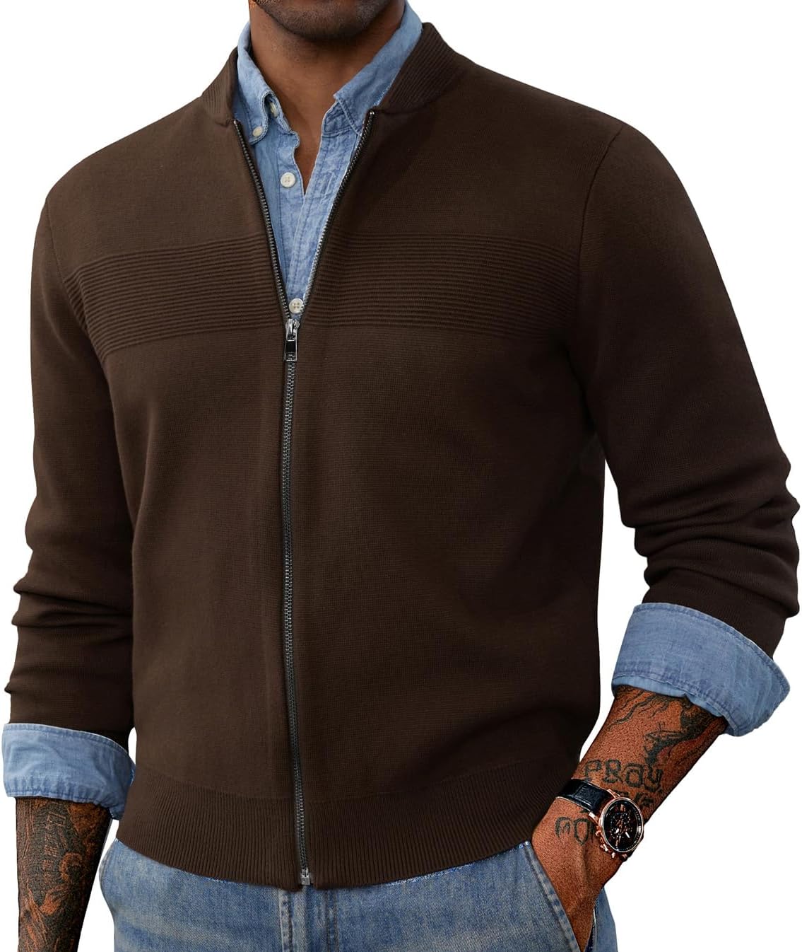PJ PAUL JONES Mens Full Zip Cardigan Sweater Stand Collar Regular Fit Knit Sweaters - Image 2