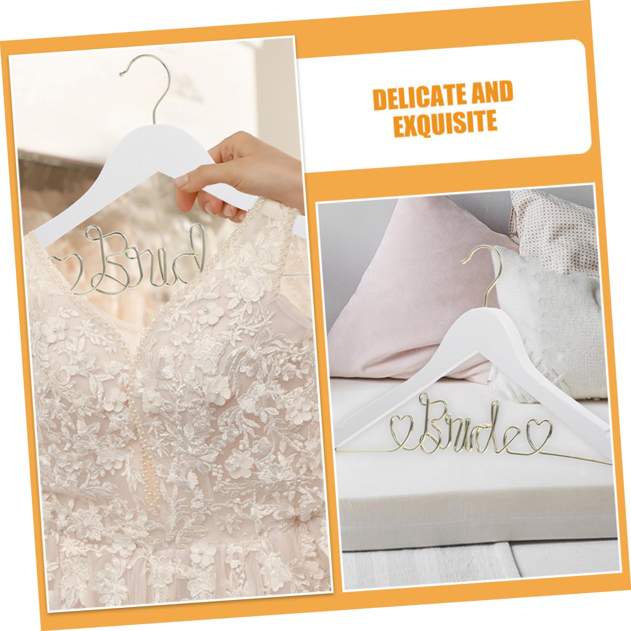 Legno e Ferro Bianco 2 Pezzi Gruccia per Abiti da Sposa | Riutilizzabile e Antiscivolo, per Organizzare e Conservare Capo Nuziale, Delicata e Creativa